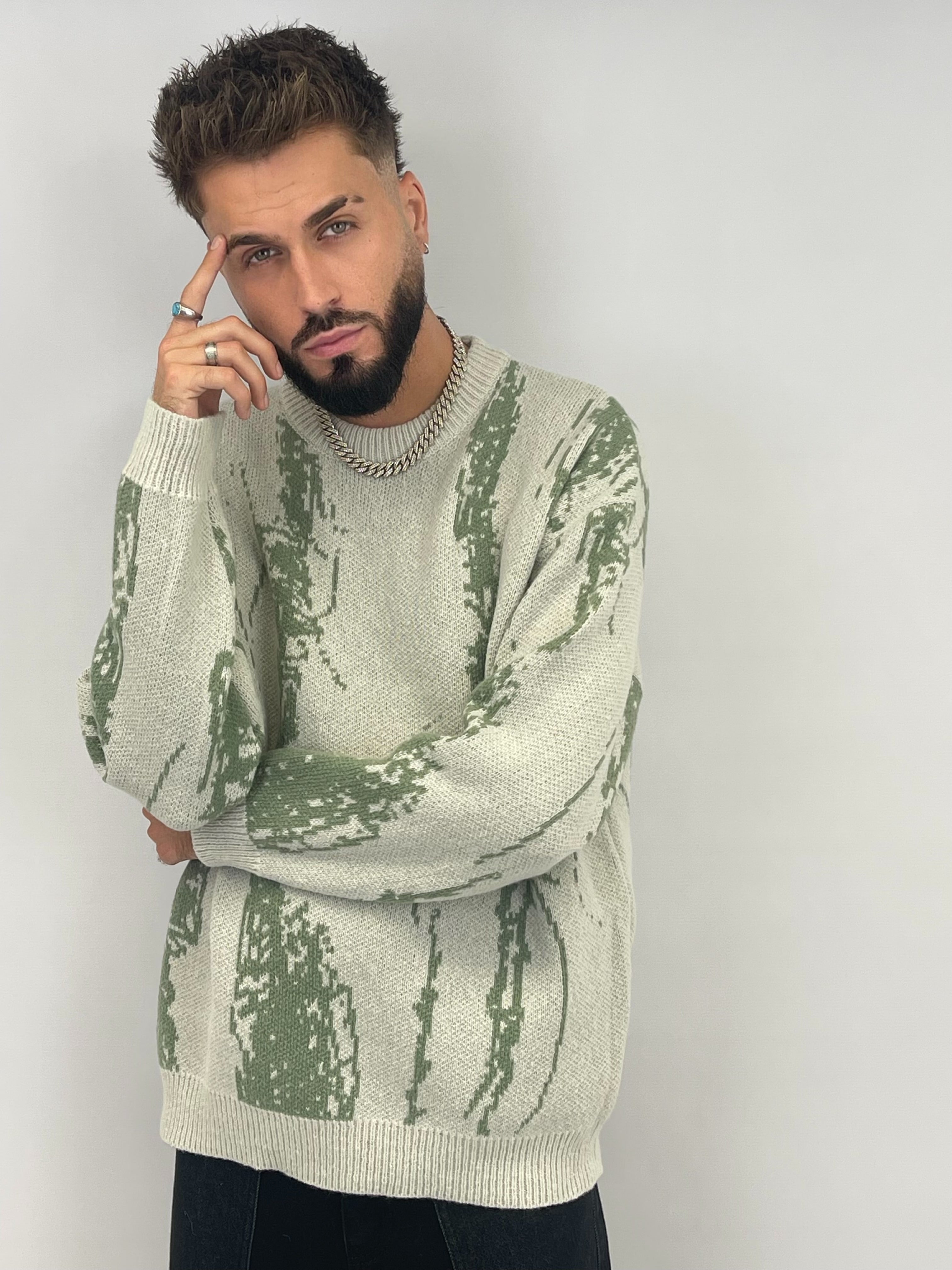 Pull en maille coupe oversize Green/ Cream